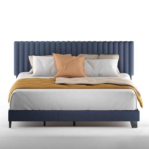 Image of Furinno Roanne Headboard King Size, Tufted Upholstered Wooden Headboard, Bed Frame Mount Head Board, Easy Assembly, for Bedroom, Dorm, Blue Denim
