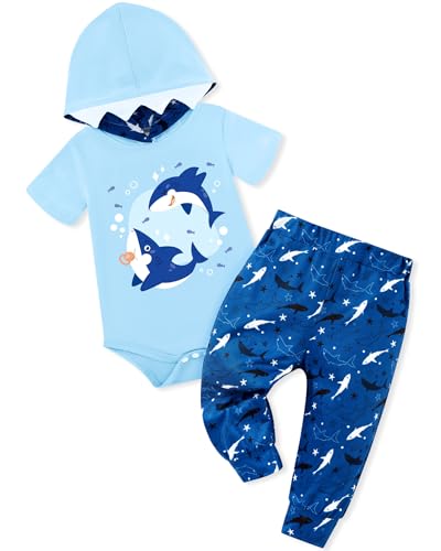 Latnnut Newborn Clothes Infant Outfits Shark Print Short Sleeve Onesies & Pants Set Baby Boy Cotton Clothing Sets Blue 6-12 Months
