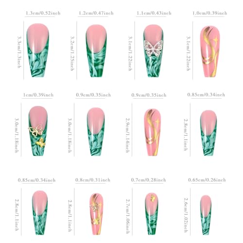Ctthnbd Long Coffin Press On Nails Green Fake Nails French Tip False Nails With 3D Butterfly Design Glue On Nails Gold Line Full Cover Stick On Nails Christmas Acrylic Nails For Women Manicure 24Pcs thumb #5
