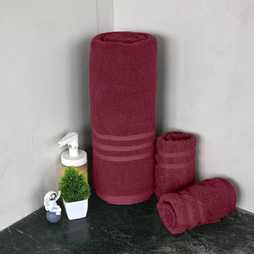 Image of Divine Casa Cotton Towel Set 1 Bath + 2 Hand Towels Maroon, 550 GSM Ultra Soft & Highly Absorbent, Bath 150 x 75 cm & Hand 60 x 40 cm