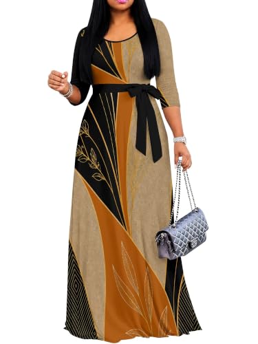 Image of Women's V Neck Floral Maxi Dress 3 /4 Sleeve Plus Size Boho Wrap Flowy Long Dresses with Belt
