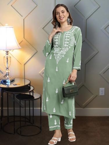 Image of BHARVITA Women's Cotton Blend Lucknowi Embroidered Chikankari Straight Kurta, with Pant Set