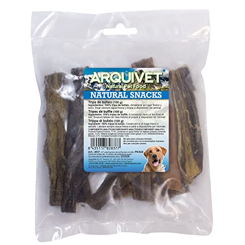 ARQUIVET Tripa de búfalo 100 gr - Snacks 100% Naturales para Perros - Premios, chuches, recompensas, golosinas, chucherías caninas - Ideales para la Limpieza Dental