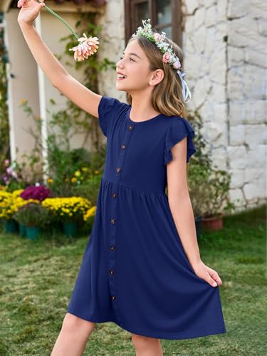 Haloumoning Girls Dress Kids Flutter Sleeve A-Line Button Down Sundress Casual Midi Dresses 5-14 Years2