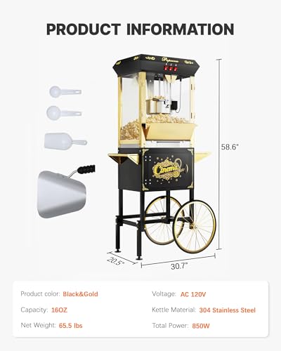 Image of 16 oz Commercial Popcorn Machine with Cart, Large Popcorn Machine Makes Up to 80 Cups, Movie Theater Pop Corn Machine with Easy-Rolling wheels & Stainless-Steel Kettle, Black&Gold