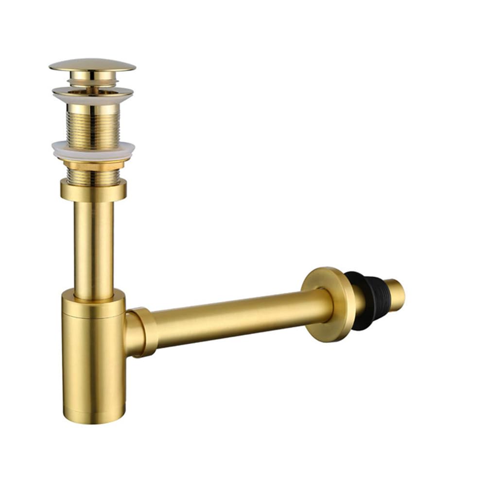 Set di Sifone per Lavandino da Bagno, Set di Tappo per Lavandino in Acciaio Inox P-Trap senza Troppopieno, Kit di Scarico per Lavandino da Bagno (Oro Spazzolato)