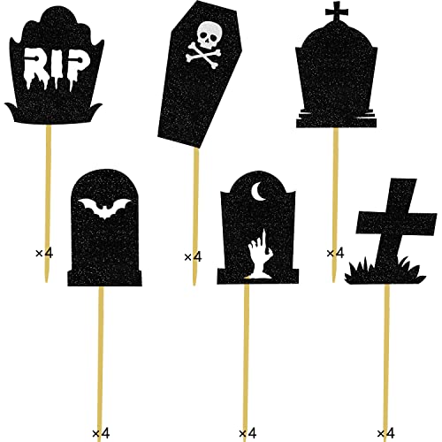 Domoo Of Dreams HALLOWEEN TOMBSTONE 07-18 Halloween Tombstone Cupcake Toppers Glitter Rip Spooky Skull Food Picks Cemetery Graves Zombie Birthday Party Decoration 24Pcs thumb #1