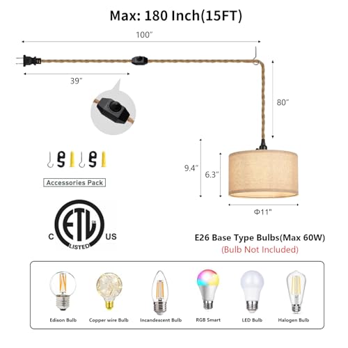 Image of Plug in Pendant Lights Fabric Hanging Lamp Kit with Dimmable Switch 15 Ft Long Hemp Rope Farmhouse Pndant Light Cord Lighting Fixture DIY Hanging Light