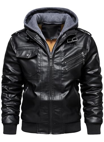Image of HOOD CREW Men's Casual Stand Collar PU Faux Leather Zip-Up Motorcycle Bomber Jacket With a Removable Hood