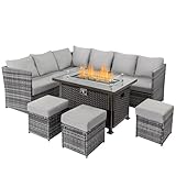 U-MAX 7 Pieces Outdoor Patio Furniture Set with Gas Fire Pit Table, Grey Wicker Sectional Sofa Set,...