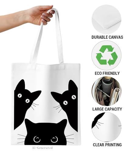 Image of Cute Cat Canvas Tote Bag for Women, Aesthetic Reusable Shoulder Bag for Shopping Travel Work
