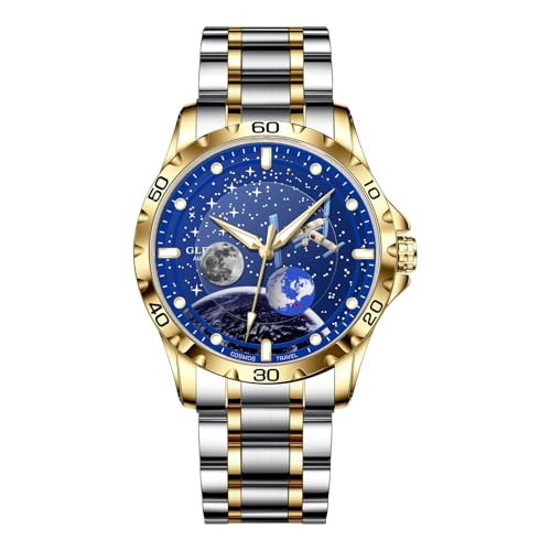 GLENAW Mechanical Automatic Watches for Men-Blue Rotating Little Earth, Luminous Dial with Starry Sky Moon Phase, 3ATM Waterproof Steel Strap Wrist Watches (8995-Gold Blue)