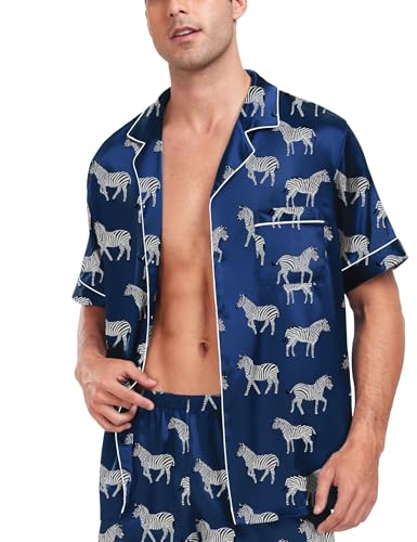 Image of SWOMOG Men Satin Silk Pajamas Sets Short Sleeve Sleepwear Button-Down PJs Sets Two-Pieces Loungewear with Pockets