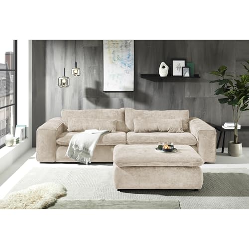 Big Sofa 300 cm breit, Modell Vince, Tiefe Sitzfläche, pflegeleichter Stoffbezug, Nosagfederung, Rücken echt bezogen, mittlere Sitzhärte, inkl. 2 Rückenkissen, 2 Nierenkissen, Beige