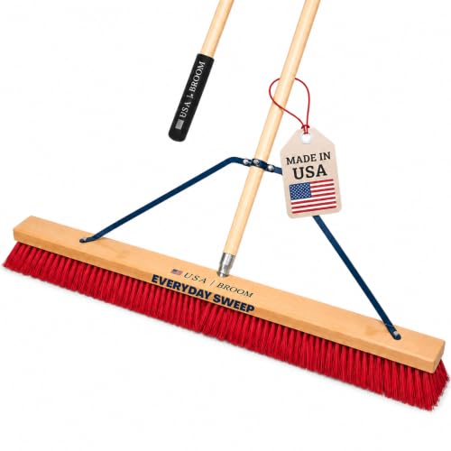 Image of 36 inch Everyday Sweep Indoor /Outdoor Push Broom with 60 inch Handle. Ideal for Garages & Shops. Durable American Made Steel Brackets-All Stainless Steel Hardware. No Plastic. 100% USA Made