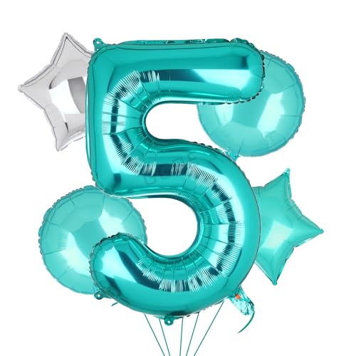 Image of Teal Blue Number 5 Balloons 40 Inch 5th Birthday Mermaid Theme 5 Pcs | Big Helium Mylar Digital Balloon Anniversary Wedding Party Decor Supplies