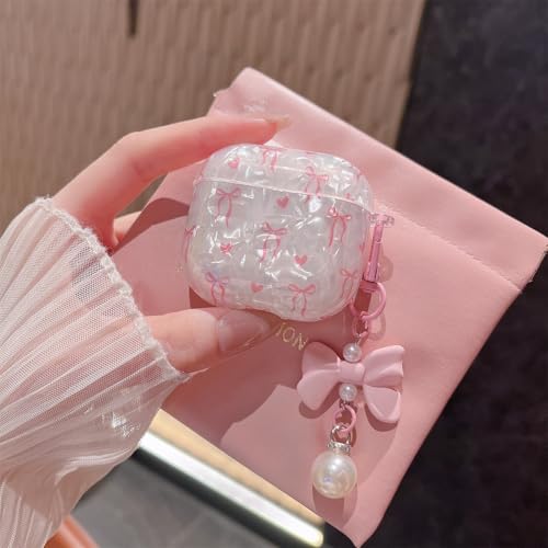 Image of MINSCOSE for Cute Glitter AirPods 4 Case,Shell Pattern Bow Ribbon Trendy Design with Bowknot Pearl Keychain,Protective Shockproof Cover for Apple Airpods iPod 4th Generation for Women Girl-Pink