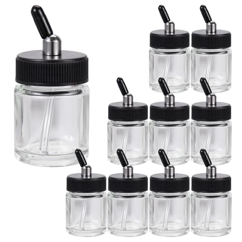 OPHIR 10x Airbrush Bottles, 22CC Glass Dual Action Air Brush Paint Bottles, Transparent Model Paint Storage Jars Lid Adapter with Rubber Caps, for Siphon Feed Airbrush Gun