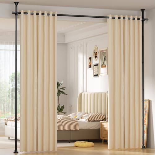 Zipglo Tringle Rideau Sans Percage ，155-350 cm (H) × 110-297 cm (L) ，Noir Cloison Amovible Sans Percage，Tringle à Rideaux Flexible Et RéGlable ，Pour...