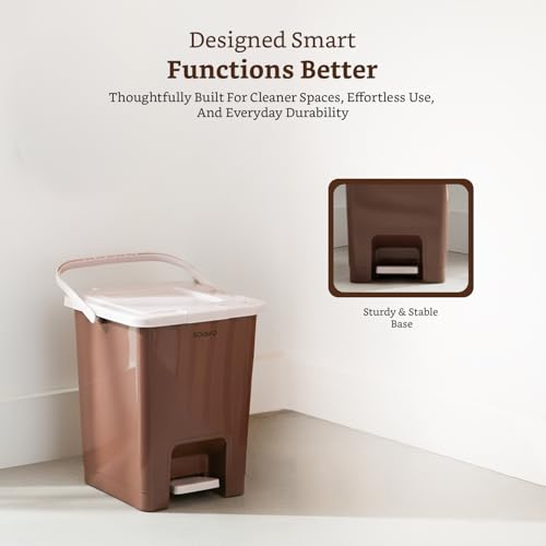 Image of Amazon Brand - Solimo Square Pedal Dustbin (14L) | Hands-Free Trash Bin with Lid | Durable Plastic | Odor Control | Compact Design | For Kitchen, Bathroom & Office | 30L x 29.4B x 34.08H cm | Dark Brown