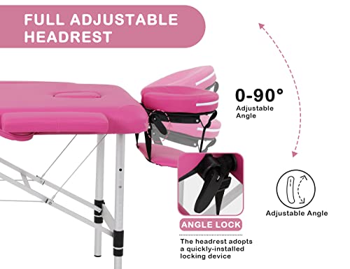 Portable Massage Table Folding With Free Accessories, Wooden/Aluminum 84 Inchs Sponge 2" Cushion 2/3 Section Massage Spa Bed With Facial Cradle,Height-Adjustable Salon Bed (Aluminum, Pink 2 Section) #TOP4