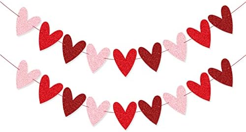 XIANMU 2 Pack Glittery Heart Banner Garland Valentines Day Decorations Pre-Strung Romantic Heart Bunting for Anniversary Wedding Engagement Birthday Baby Shower Party Decoration 3 Colors