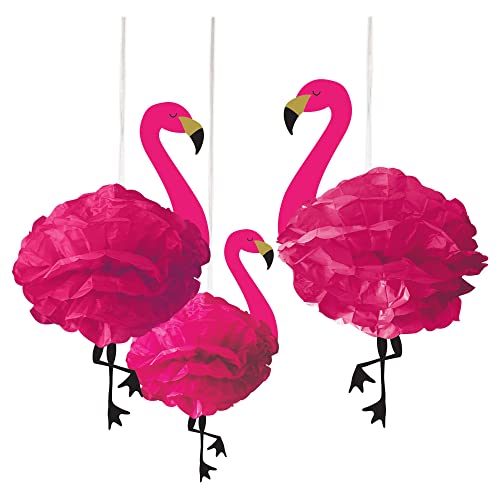 amscan- Paper Flamingo Poms-3pcs Lot de 3 Pompons en Papier en Forme de Flamant Rose, 180236, 49.5cm