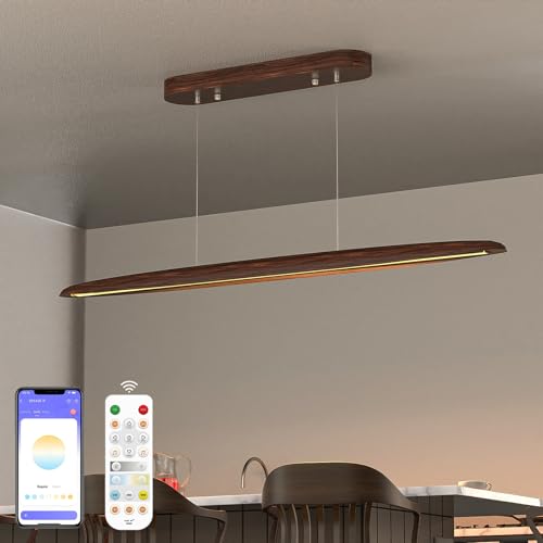 Hengsense 44" Wood Linear Pendant Light, LED Dimmable Island Lights for Kitchen with Remote & APP Control, 30W Adjustable CCT (3000K-6000K) for Dining Room Kitchen Island Bar