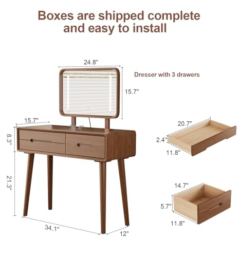 Image of KungFuWood 100% Solid Wood Makeup Vanity Desk with Mirror and Lights,Dressing Table with3 Lighting Modes and 3 Drawers,Vanity Table for Bedroom(No Chairs Included)