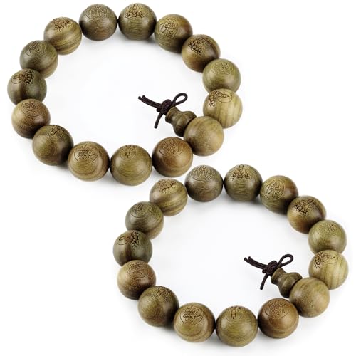 2 Pcs Tibetan Buddhist Green Sandalwood Beads Bracelets 15mm Scented Sandalwood Link Wrist Adjustable Wooden Crafts Prayer Beads for Men Women Meditation Protection