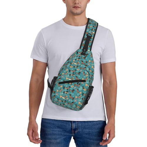 Dachshund Dog Floral Casual Sling Backpack Cross Body Chest Bags for Unisex Teal Pink Flowers Adjustable Shoulder Bag Multipurpose Daypack2