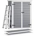 DWVO Outdoor Vertical Storage Shed with 2 Shelves, 49 Cu Ft Waterproof Resin Garden Shed with Floor & Lockable Door, Plastic Tall Tool Cabinet for Garbage Cans, Lawn Equipment, Garden Supplies (Gray)
