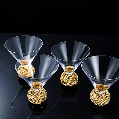 Set Of 4 Stemless Martini Glasses Diamond Studded Cocktail Glass Margarita Glass With Rhinestone Ball Base Cool Shot Glasses Crystal Diamond Cup For Party Bar Martini, Manhattan, Mixed Drinks (Gold) #TOP4