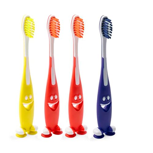 Cepillos de dientes infantiles con ventosa – kit 4 unidades (2 rojos, 1 azul, 1 amarillo) – cepillo infantil suave para niños y bebés de 1 a 2 años – higiene bucal divertida y segura