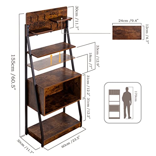 Lavievert 5-Tier Bookshelf With Pegboard Floating Shelves, Industrial Vintage Bookcase, Freestanding Display Storage Rack Shelf With 6 Removable Metal Hooks For Home Office - Rustic Brown #TOP2