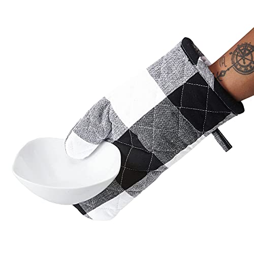 Image of Encasa XO Oven Gloves for Microwave (2 pc Set) - Heat Proof, Thick & Safe | Longer 18x30 cm Mittens for Protection in Kitchen Cooking & Baking - Buffalo Black Checks