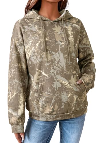 Dokotoo Womens Oversized Hoodies Long Sleeve Fleece Lined Maple Leaf Camo Print Sweatshirts Fall Fashion Pullover Sweaters Winter Trendy Clothes Vintage Camouflage Hoodie Plus Size Brown Medium