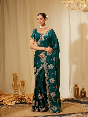 Image of Kasee Women's Bottle Green Floral Embroidered Silk Blend Saree with Rich Zari Border and Unstitched Blouse Piece