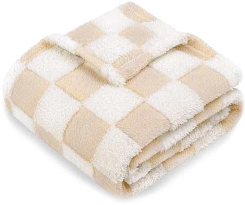 Image of HOMRITAR Baby Blanket for Unisex Soft Cozy Reversible Checkerboard Toddler Blankets, Fluffy Fuzzy Plush Lightweight Bed Blanket with Chessboard Grid Design 350GSM Khaki 30 x 40 Inch