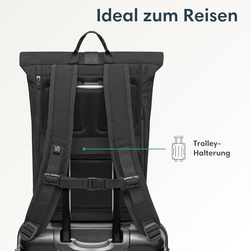 LARKSON Rucksack Damen & Herren Schwarz - Janne Small - Rolltop Rucksack mit Laptopfach für Uni, Arbeit, Reise & Fahrrad - Backpack Tagesrucksack Klein - Wasserabweisend