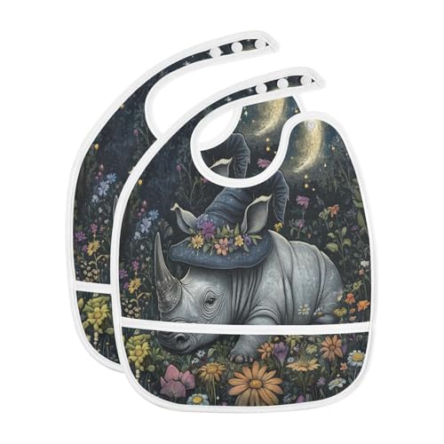 MCHIVER Rhino Wizard Hat Black Baby Bibs for tag1 Waterproof Feeding Bib Apron with Food Cather Adjustable Cotton Food Eating Bib 2 Pack