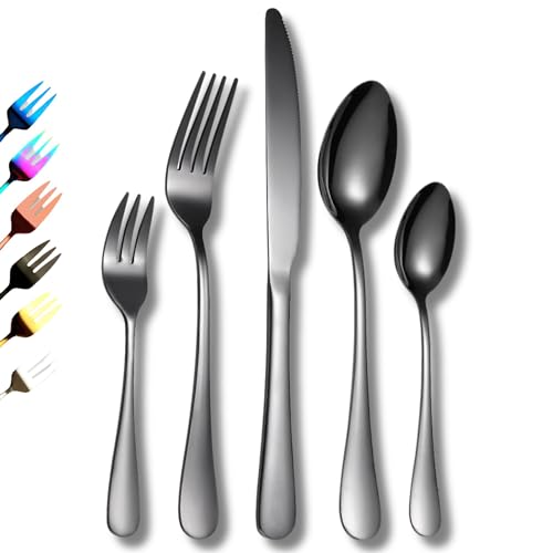 Cutlery Set in Black Colour, 20-Piece Set Service for 4, Premium Mirror Finish Tableware, Stainless Steel Flatware Serving Set, Dishwasher Safe Forks, Knives, & Spoons, Ideal for Home, Parties & Gifts