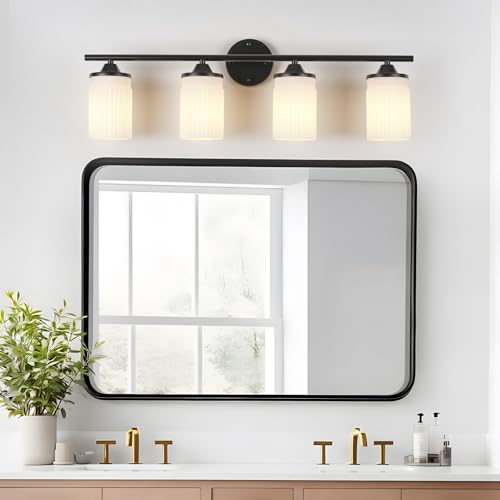 Image of Jonsi Black Bathroom Light Fixtures 4-Light Vanity Lights Modern Wall Sconce with Milk White Shade Brushed Brass Bathroom Light Fixture Over Mirror for Bedroom Hallway Kitchen