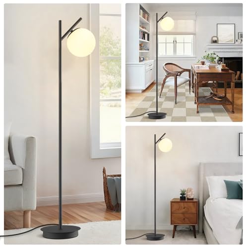 Image of Modern Floor Lamp for Living Room Retro Vintage Tall Standing Lamp Mid Century Black Freestanding Lamp Contemporary Glass Floor Lamps for Bedroom Office Hotel