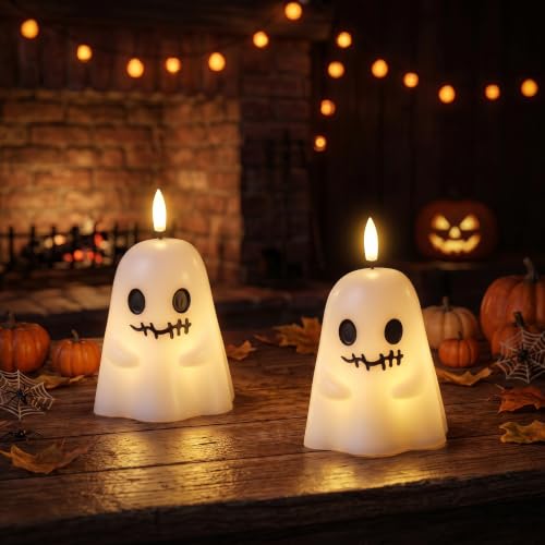 Image of Halloween Spooky Ghost Flameless Candles Battery Operated with Timer | White, Real Wax 3D Wick Flickering, 6H Timer, LED Light, Spooky Halloween Indoor Decor & Gift, 3.5 inch x 5.5 inch, 2 pack