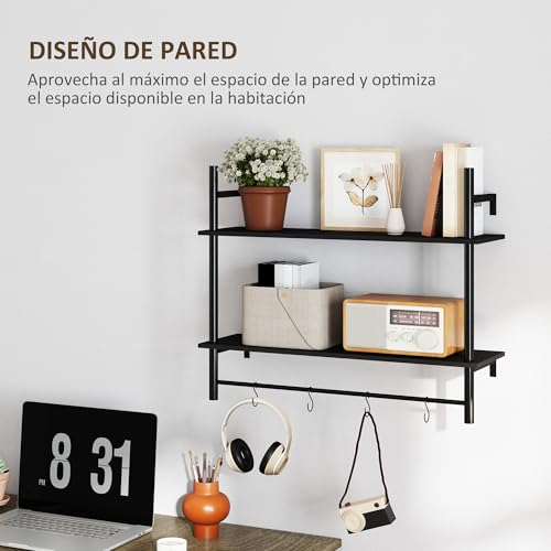 HOMCOM Estante de Pared de 2 Niveles Estante Flotante Repisas de Pared con 4 Ganchos 2 Estantes y Marco de Acero para Entrada Salón Dormitorio 80x24x65 cm Negro - imagen 6