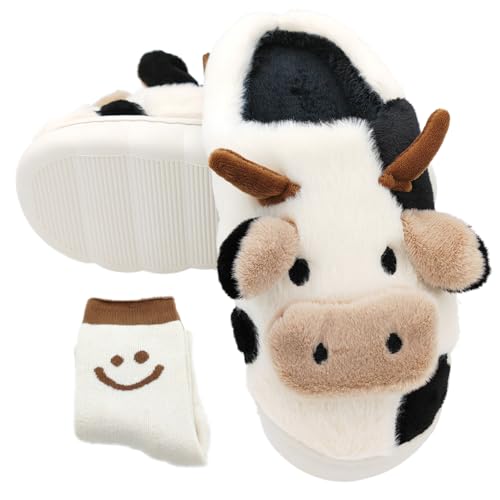 Cow Slippers for Women - Fluffy Animal Slipper for Adults, Cartoon Cute Bedroom Slides, Kawaii Winter Cotton Aesthetic House Shoes for Indoor and Outdoor Wear, Soft Fuzzy and Cozy