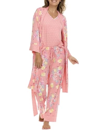 Flora Nikrooz FN Women's Super Soft 3 Piece Pajama Sleep Set, Robe, Tank, and Pant (US, Alpha, Small, Regular, Regular, Pink Floral)