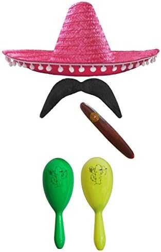 MEXICAN FANCY DRESS ACCESSORY SET. MEXICAN SOMBRERO + MARACAS + TASH. PERFECT FOR MEXICAN FANCY DRESS COSTUMES SENORITA BANDIT MARIACHI (BLACK POM POM SOMBRERO + GREEN AND RED MARACAS)