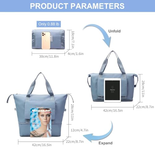 Image of Large Capacity Folding Travel Tote Bag, Oxford Fabric Waterproof Lightweight Foldable Travel Duffel Bag, Portable Expandable Travel Bag, Dry and Wet Separation Carry On Bag for Airplanes (Light Blue)
